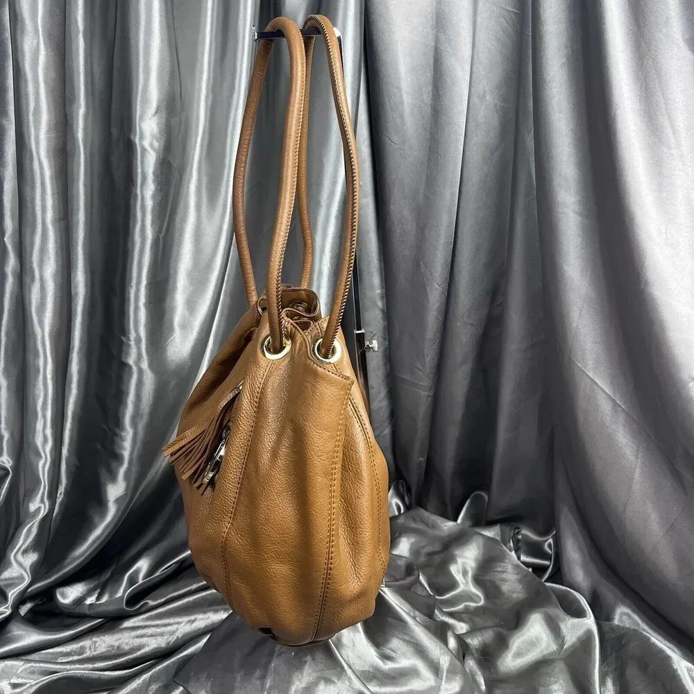 Michael Kors Astor Ring Handbag Camel Brown Tassel MK Purse Pebbled Leather Hobo
